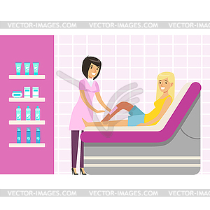 Beautician waxing woman leg at spa or beauty - vector clipart