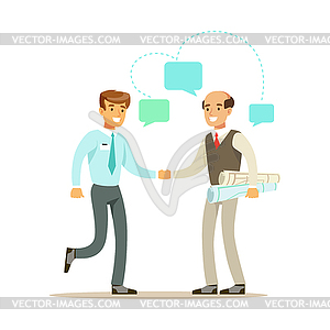 Two businessmen discussing at meeting. Colorful - vector clip art