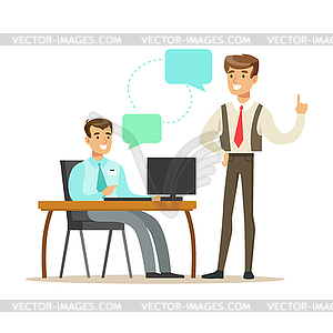 Colleagues working in modern office with laptop. - vector clip art