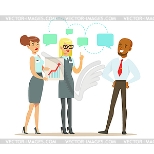 Business partners discussing financial results at - vector image