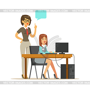 Businesswoman standing at her subordinate and makin - vector clipart