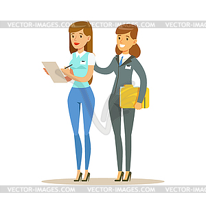 Two young woman working together in office. Colorfu - vector clipart