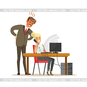 Angry boss yelling at his secretary. Colorful - vector clipart