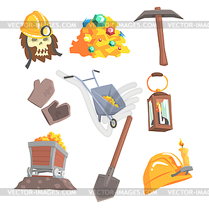 Gold mining, set for label design. Mining equipment - vector image