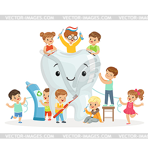 Little children take care of and clean large, - vector image