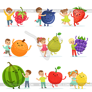 Cute little children having fun and playing with bi - vector clip art