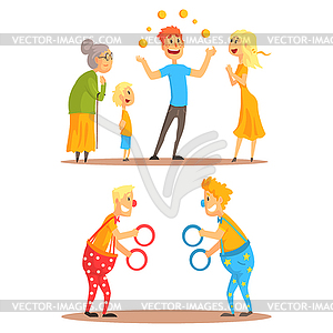 Young man juggling with oranges before his family. - vector image