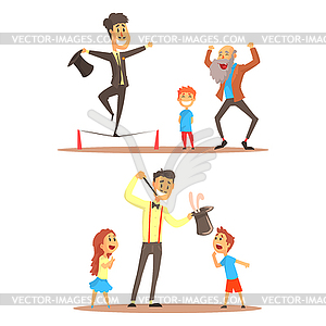 Rope walker and magician performing before happy - vector image