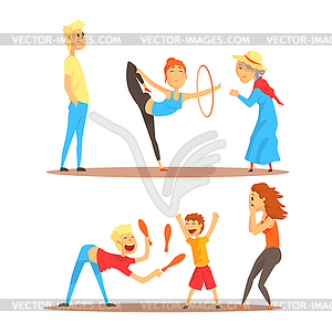 Girl doing gymnastics dance with hoop. Juggler - vector clipart