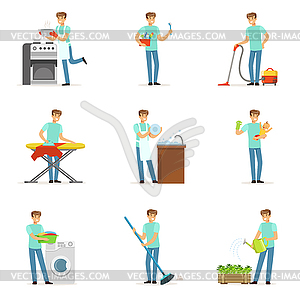 Счастливый househusband мужчин, уборка их дома, - клипарт в векторе / векторное изображение