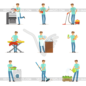 Happy househusband men cleaning their house, - vector clipart