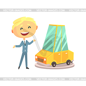 Happy smiling car sales consultant at new car - vector image