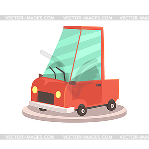 Showroom or dealership with cartoon yellow car, - vector clipart