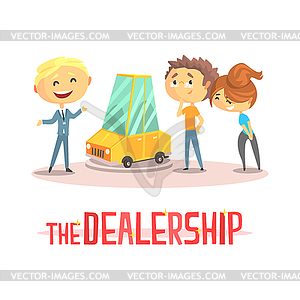 Happy couple with car dealer in auto show or - vector clip art