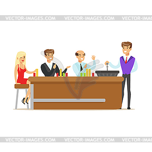 Happy gamblers in casino, waiting for roulette - vector image