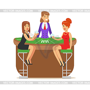 Two beatuful girls playing cards in luxury casino. - vector clipart