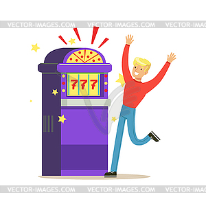 Man winning jackpot at slot machine. Colorful - vector clip art