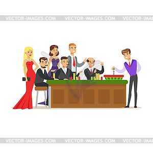 People placing bets on roulette table in casino. - vector image