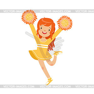 Cute little red haired girl dancing with yellow - royalty-free vector clipart