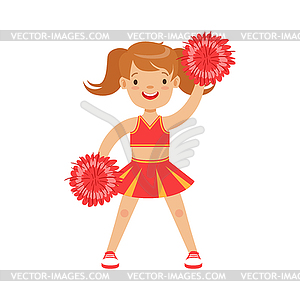 Cute little cheerleader girl dancing with red - vector image