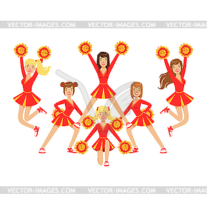 Cheerleader girls with pompoms dancing to support - vector clip art