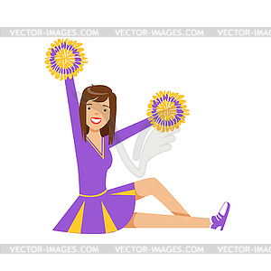 Happy girl teenager sitting with colorful pompoms. - vector clipart / vector image