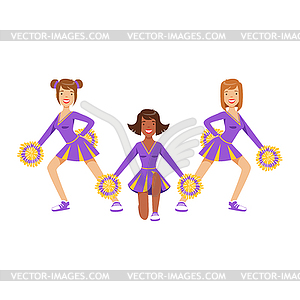 Cheerleader girls with pompoms dancing to support - vector clipart