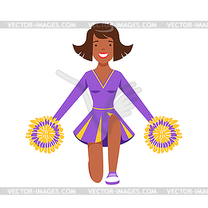 Smiling girl teenager dancing with colorful pompoms - vector clip art