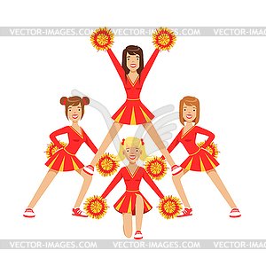 Cheerleader girls with pompoms dancing to support - color vector clipart