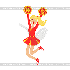 Blond cheerleader teenager girl jumping with red an - vector image