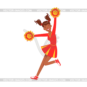 Cheerleader girl jumping with red and yellow - vector image