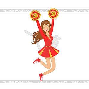 Cheerleader girl jumping with red and yellow - vector clipart