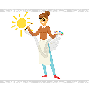 Smiling teacher holding art palette and painting su - vector clip art