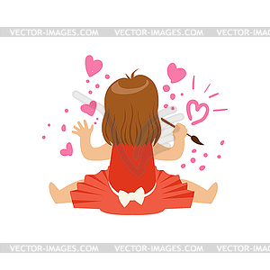 Cute little girl sitting and painting hearts on - color vector clipart