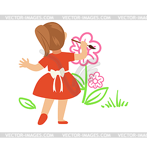 Cute little girl in red dress painting flowers on - vector clip art