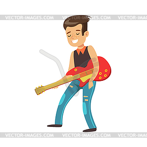 Happy young boy playing guitar. Colorful character - vector image