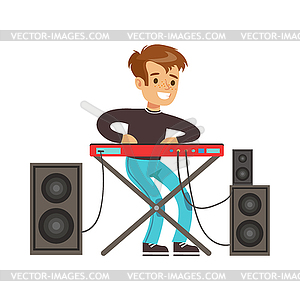 Young boy playing electric piano. Colorful character - royalty-free vector clipart