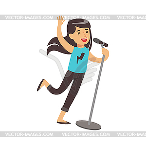 Young brunette girl singing with microphone in her - vector image