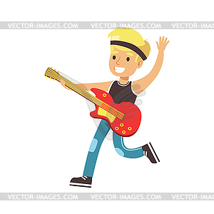 Young smiling boy playing guitar. Colorful character - vector image