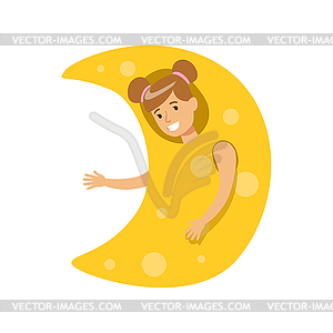 Smiling little girl dressed as an moon, performing - color vector clipart