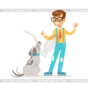 Cute boy wearing glasses teaching his dog. - vector clip art