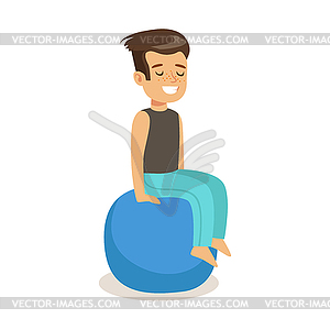 Smiling boy sitting on pilates ball. Colorful - vector image