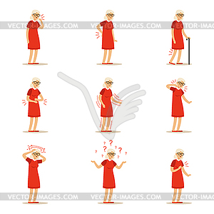 Elderly woman diseases, pain problem in back, - vector clipart