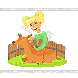 Cute little girl petting lying deer in mini zoo. - vector clipart