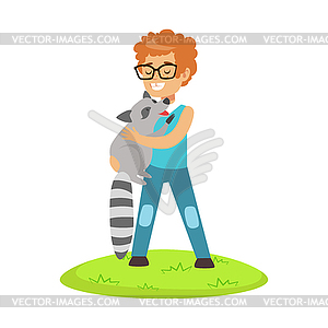 Happy little boy standing and embracing raccoon - vector image