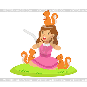 Smiling happy girl sitting on green grass and - vector clip art