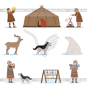Eskimo characters in traditional clothing, arctic - vector clip art