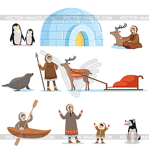 Eskimo characters in traditional clothing and - vector image