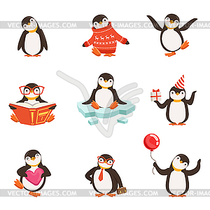 Cute little penguin cartoon characters set for labe - vector clipart