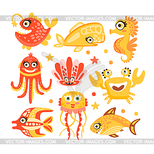 Cute cartoon sea creatures, marine life. - vector clip art